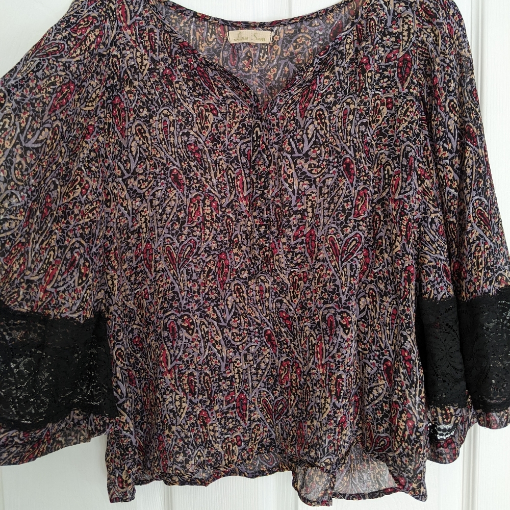Silk and lace bell sleeve floral blouse